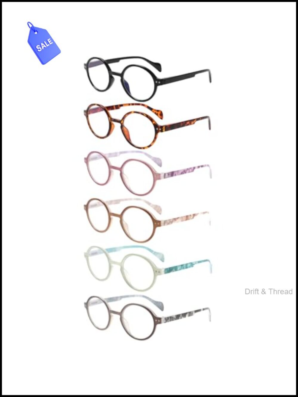 6 Pack Vintage Round Reading Glasses Blue Light Blocking Spring Hinge